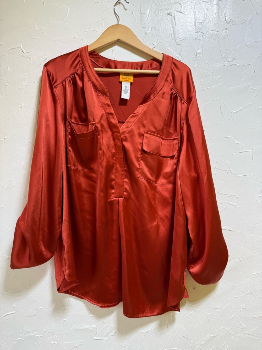 Ruby Rd. Satin V-Neck Blouse in Rust Red